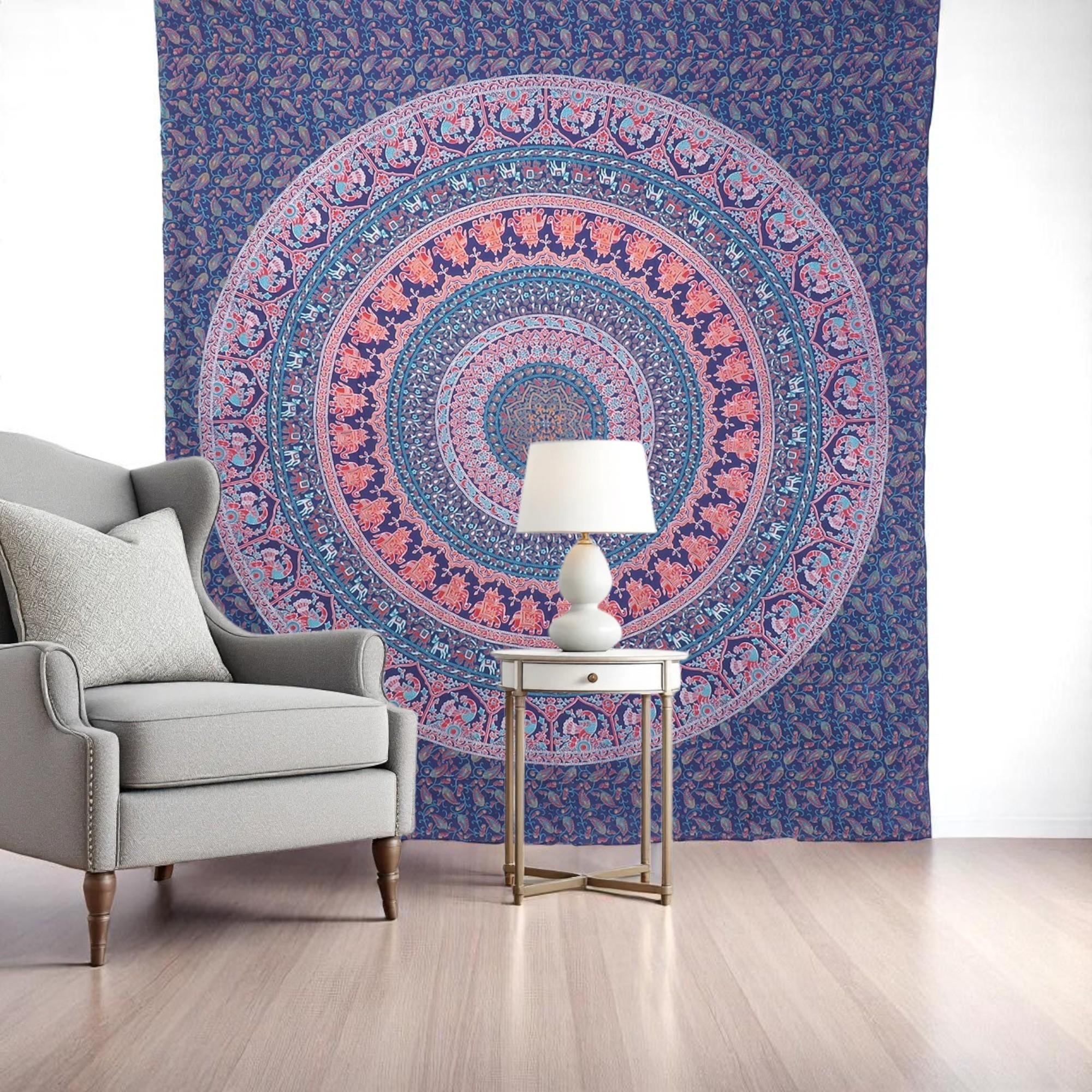 92 X 84 Green Blue And Orange Mandala Cotton Hanging Tapestry