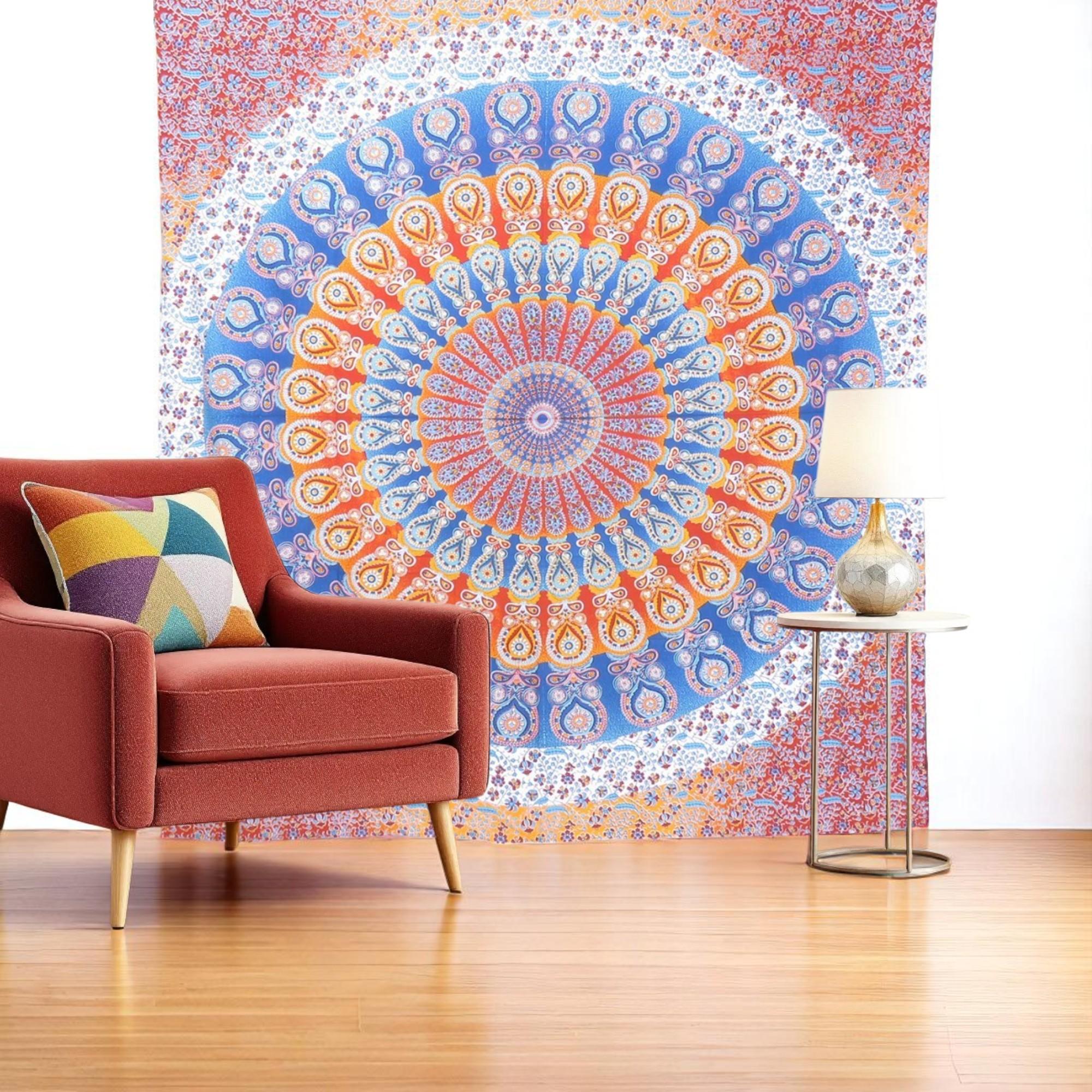 92 X 84 Orange Blue And Yellow Mandala Cotton Hanging Tapestry