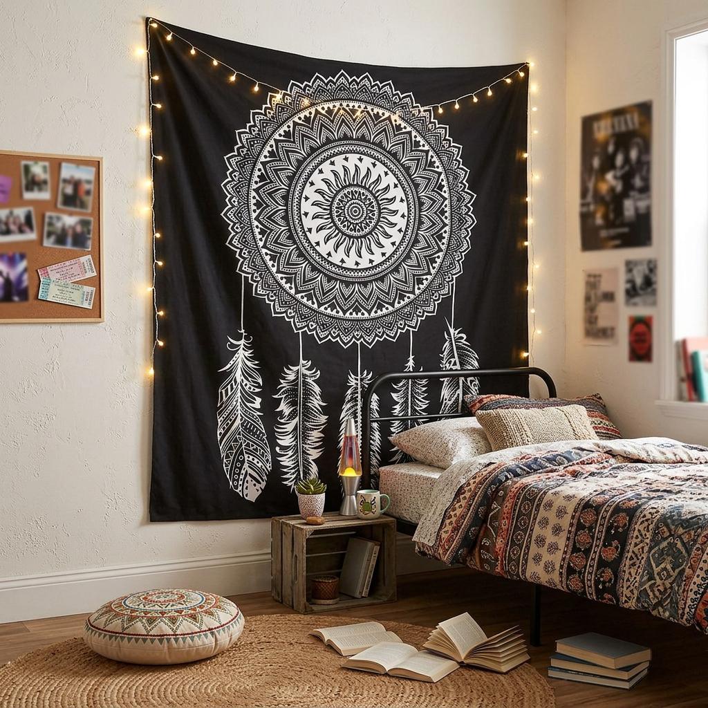 92 X 84 Black And White Abstract Cotton Hanging Tapestry