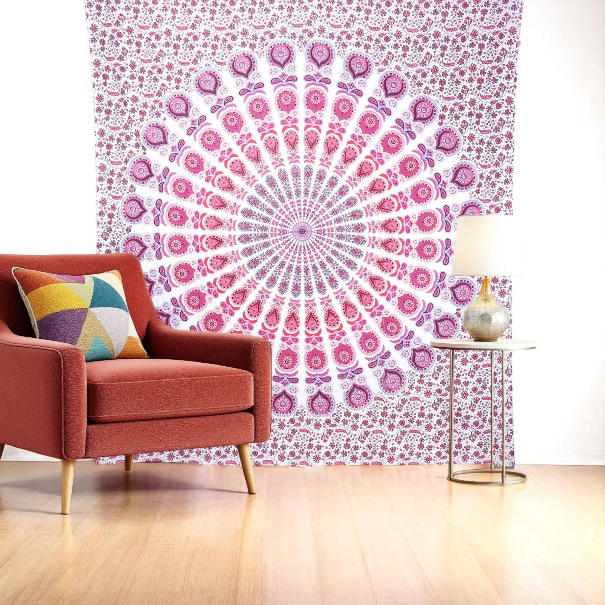 92 X 84 Pink White And Red Mandala Cotton Hanging Tapestry