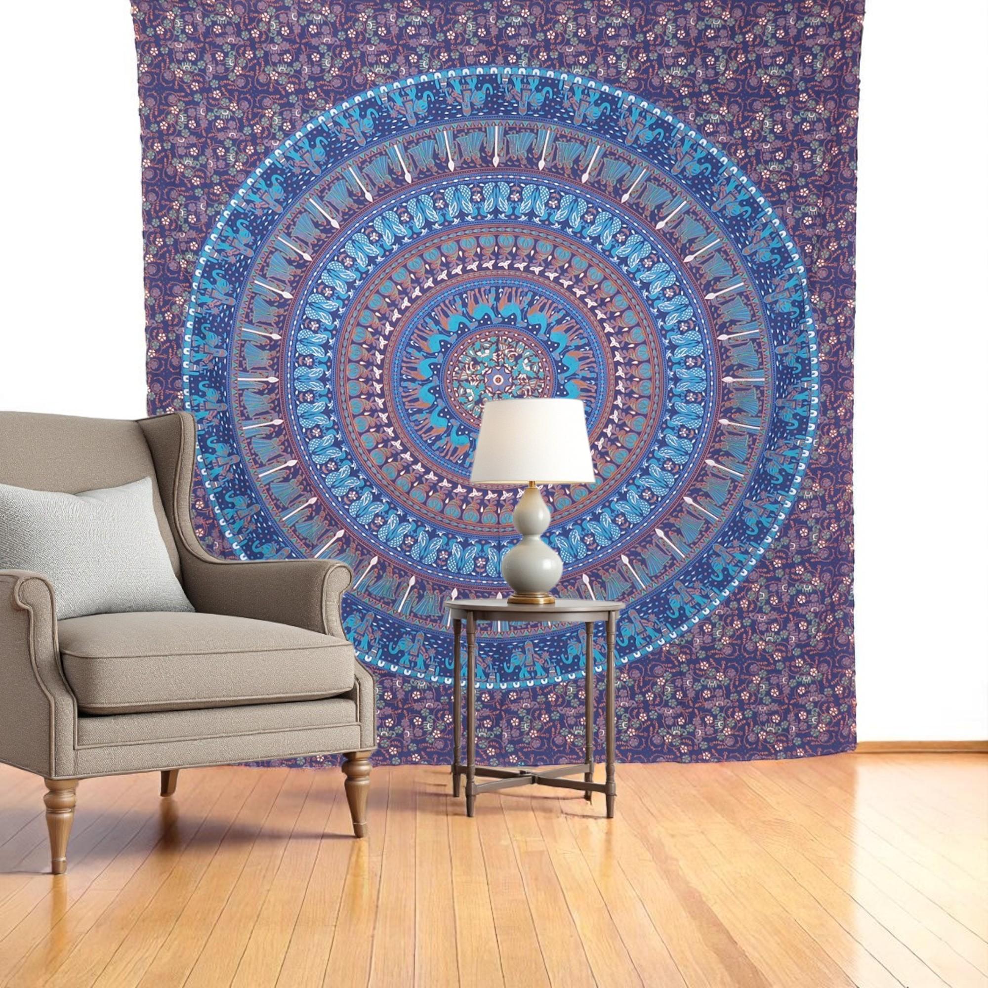 92 X 84 Sky Blue And Purple Mandala Cotton Hanging Tapestry