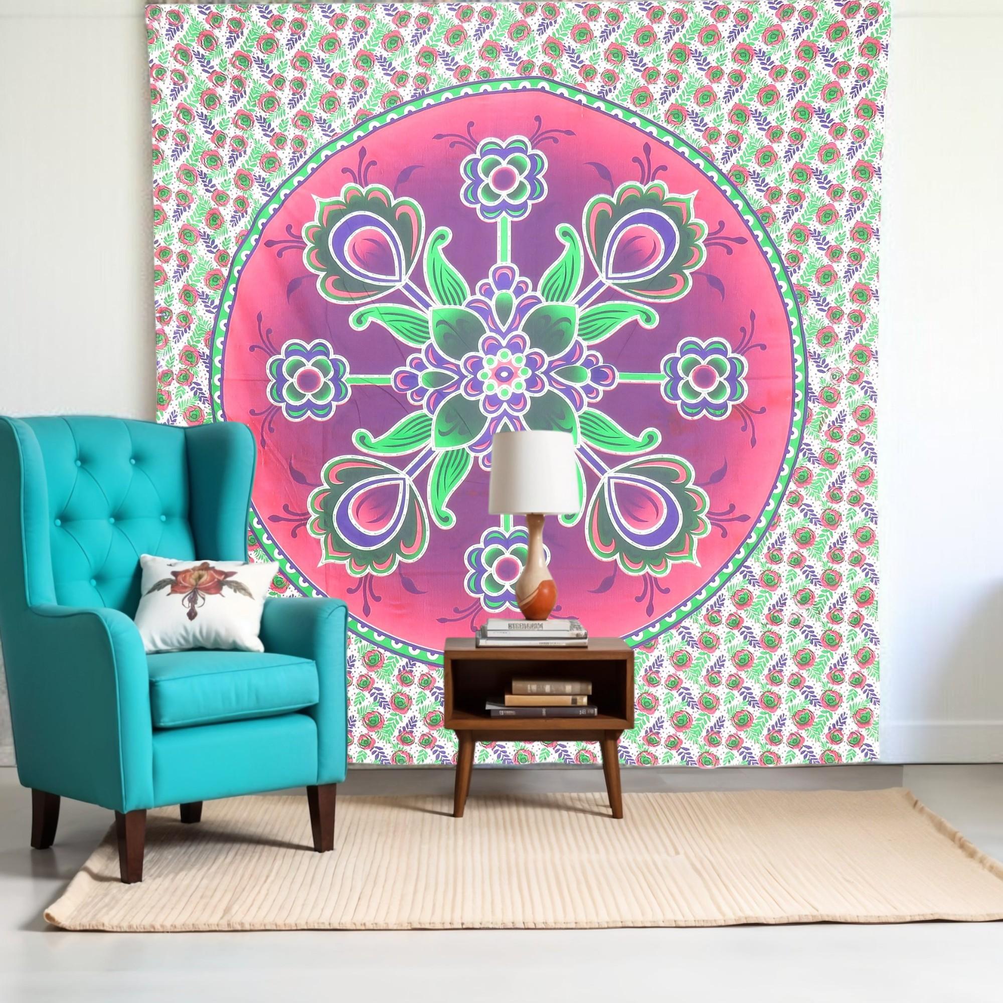 88 X 84 Green Pink And White Floral Cotton Hanging Tapestry