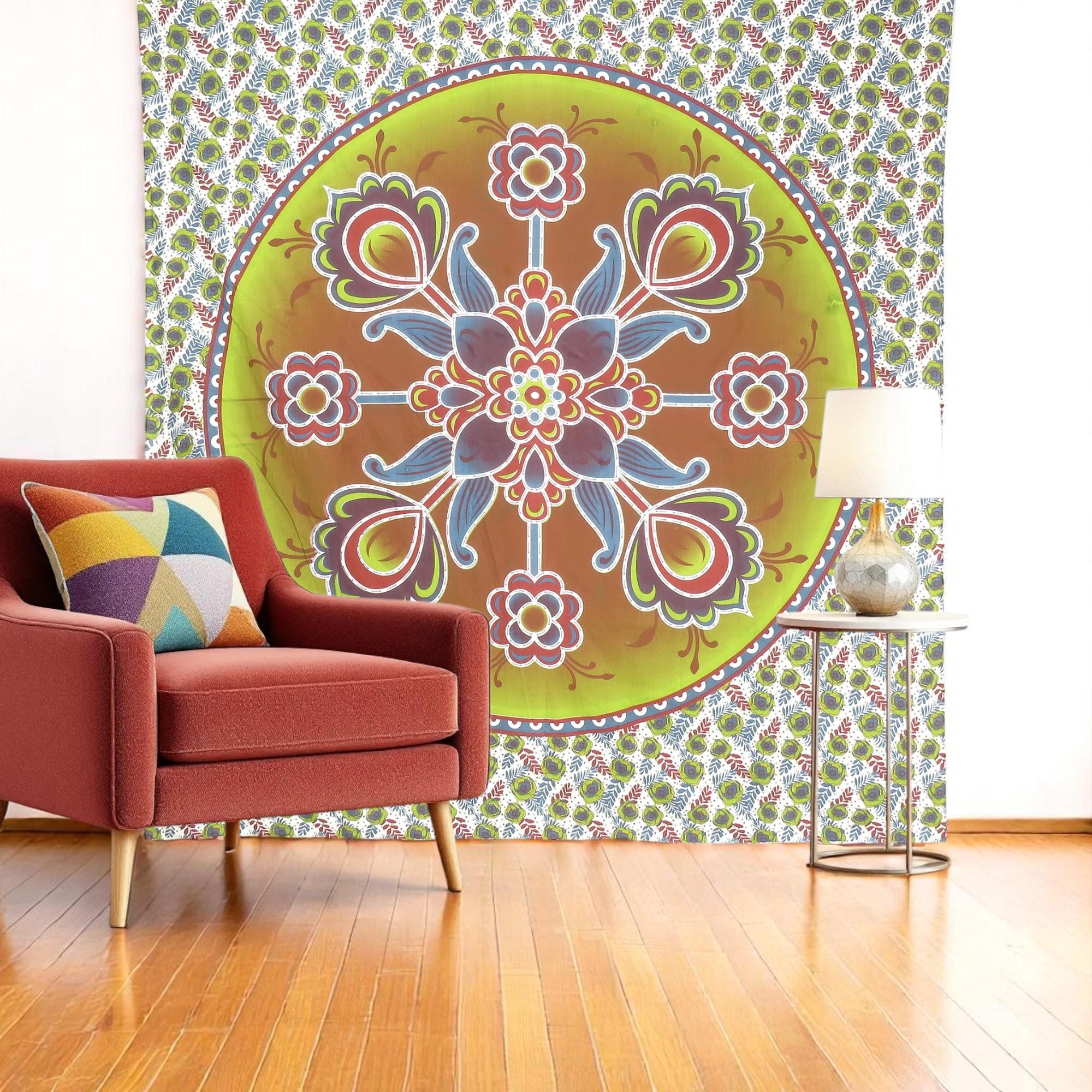 88 X 84 Green White And Yellow Floral Cotton Hanging Tapestry