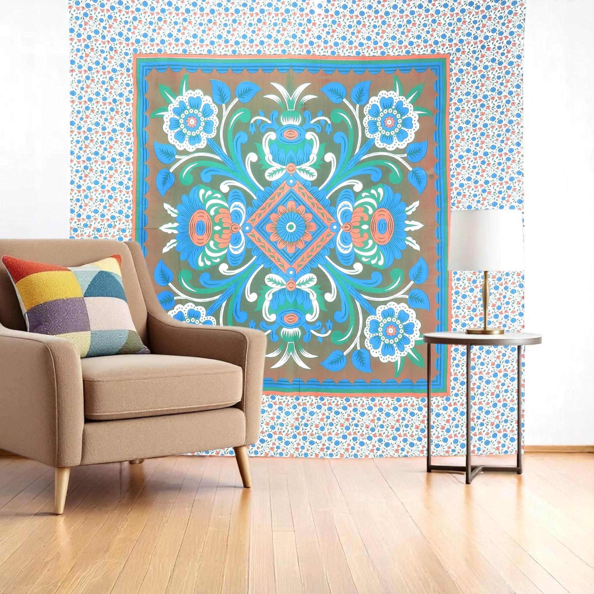 88 X 84 Brown Blue And White Floral Cotton Hanging Tapestry