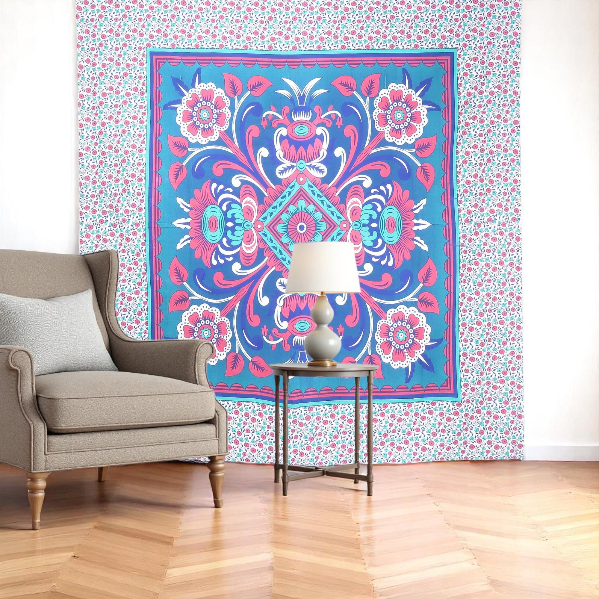 88 X 84 Blue Red And White Floral Cotton Hanging Tapestry