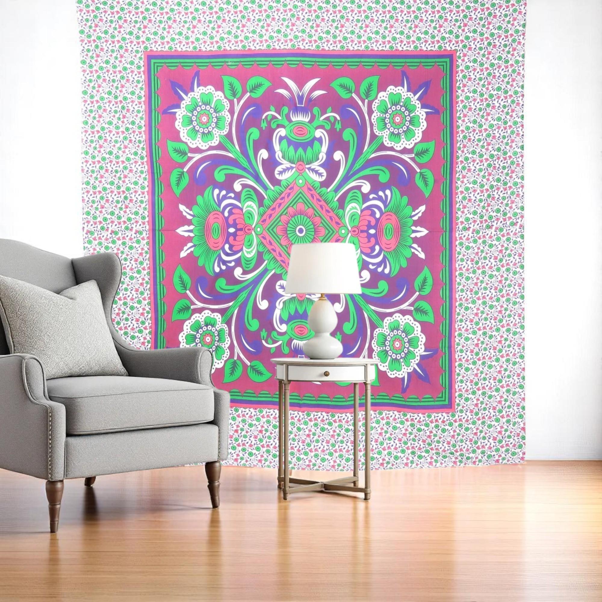 88 X 84 Pink Green And White Floral Cotton Hanging Tapestry
