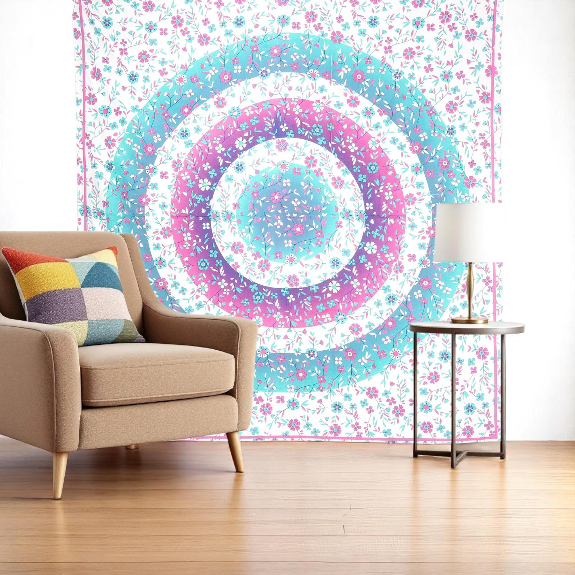 88 X 84 Pink Blue And White Floral Cotton Hanging Tapestry