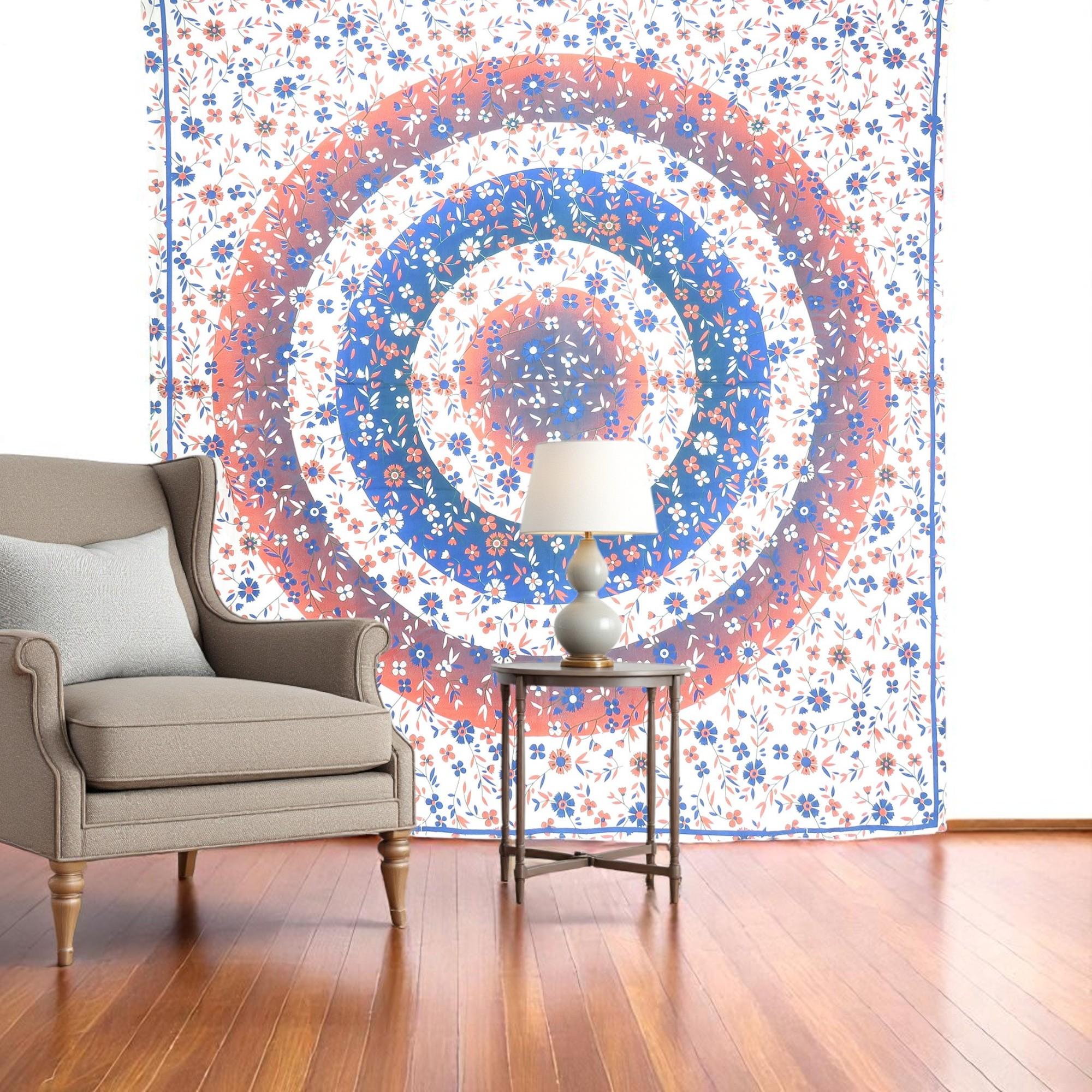 88 X 84 Blue White And Orange Floral Cotton Hanging Tapestry
