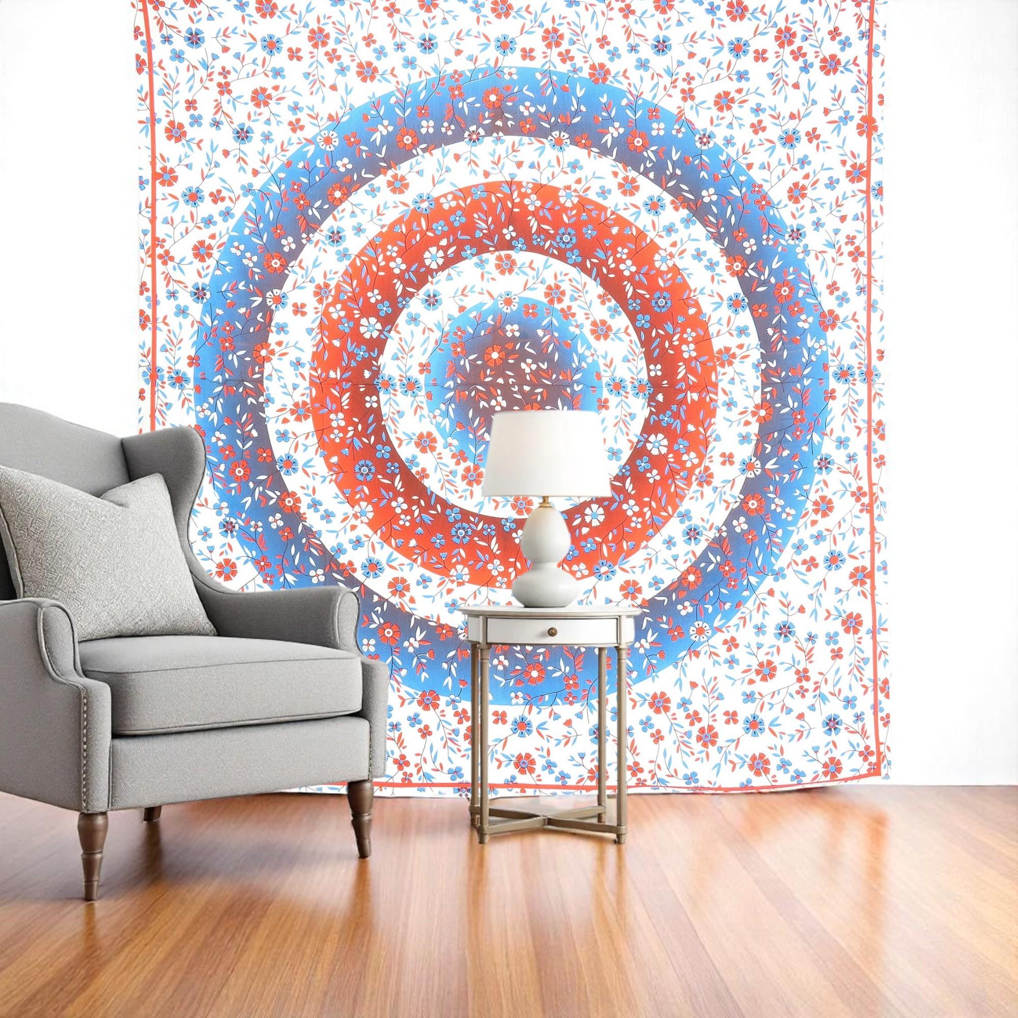88 X 84 White Blue And Red Floral Cotton Hanging Tapestry