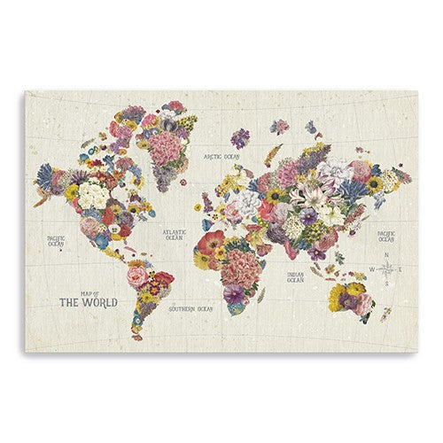 24 x 16 Fun Floral Map of the World Canvas Wall Art