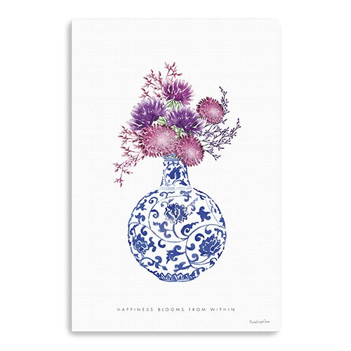 24 x 16 Blue and White Happiness Floral Vase Canvas Wall Art
