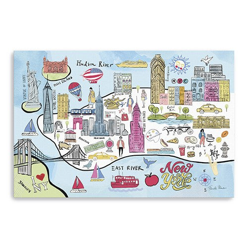 36 Fun Illustrated NYC Map Canvas Wall Art