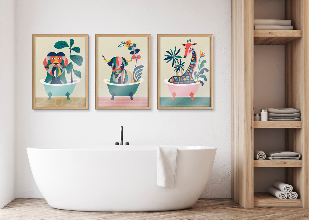 Blake Mid Century Modern Cow in Bathtub Framed Printed Glass by Rachel Lee of My Dream Wall