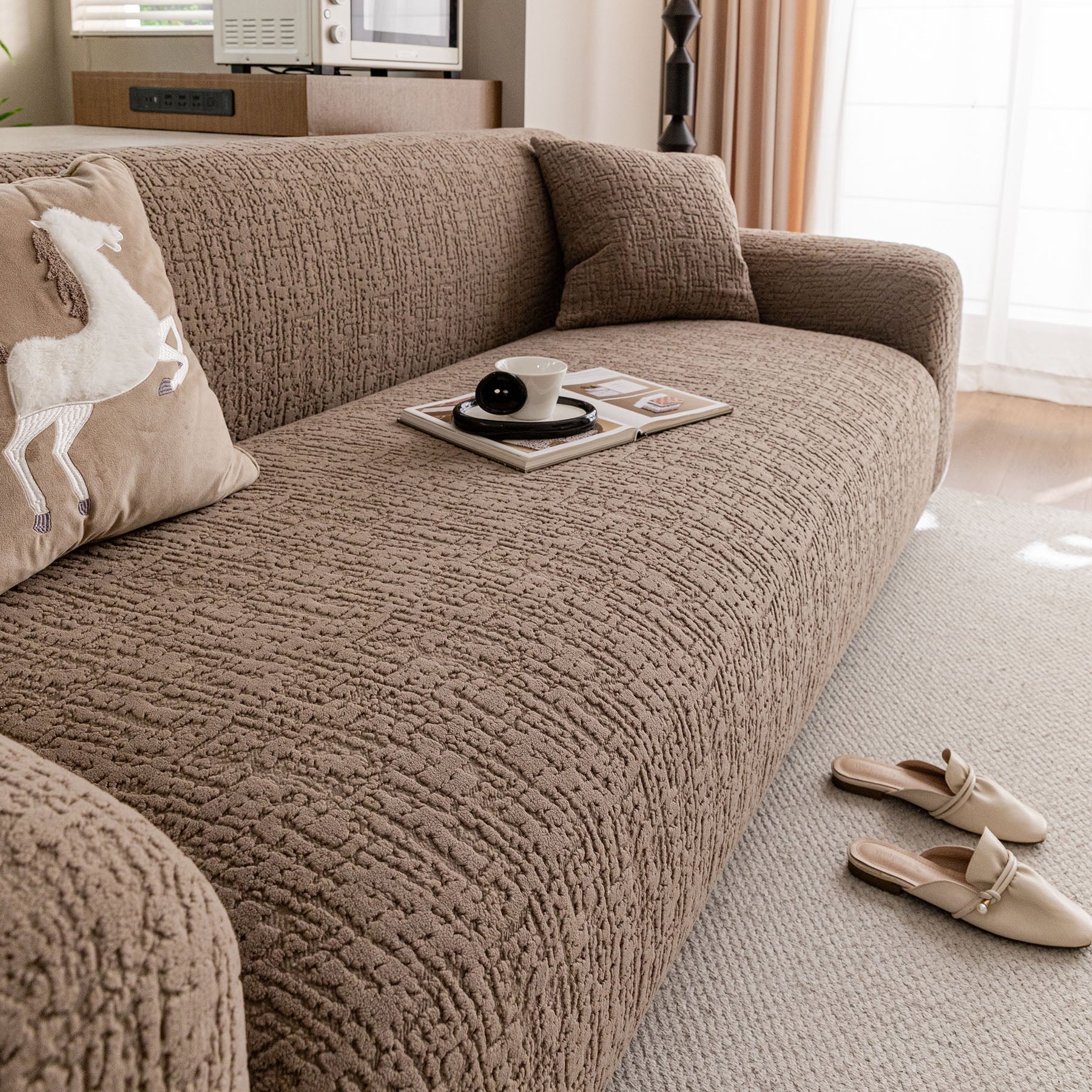 Elastic Stretch Sofa Cover Slipcover, Soft Plush Bubble Textured Jacquard Couch Cover