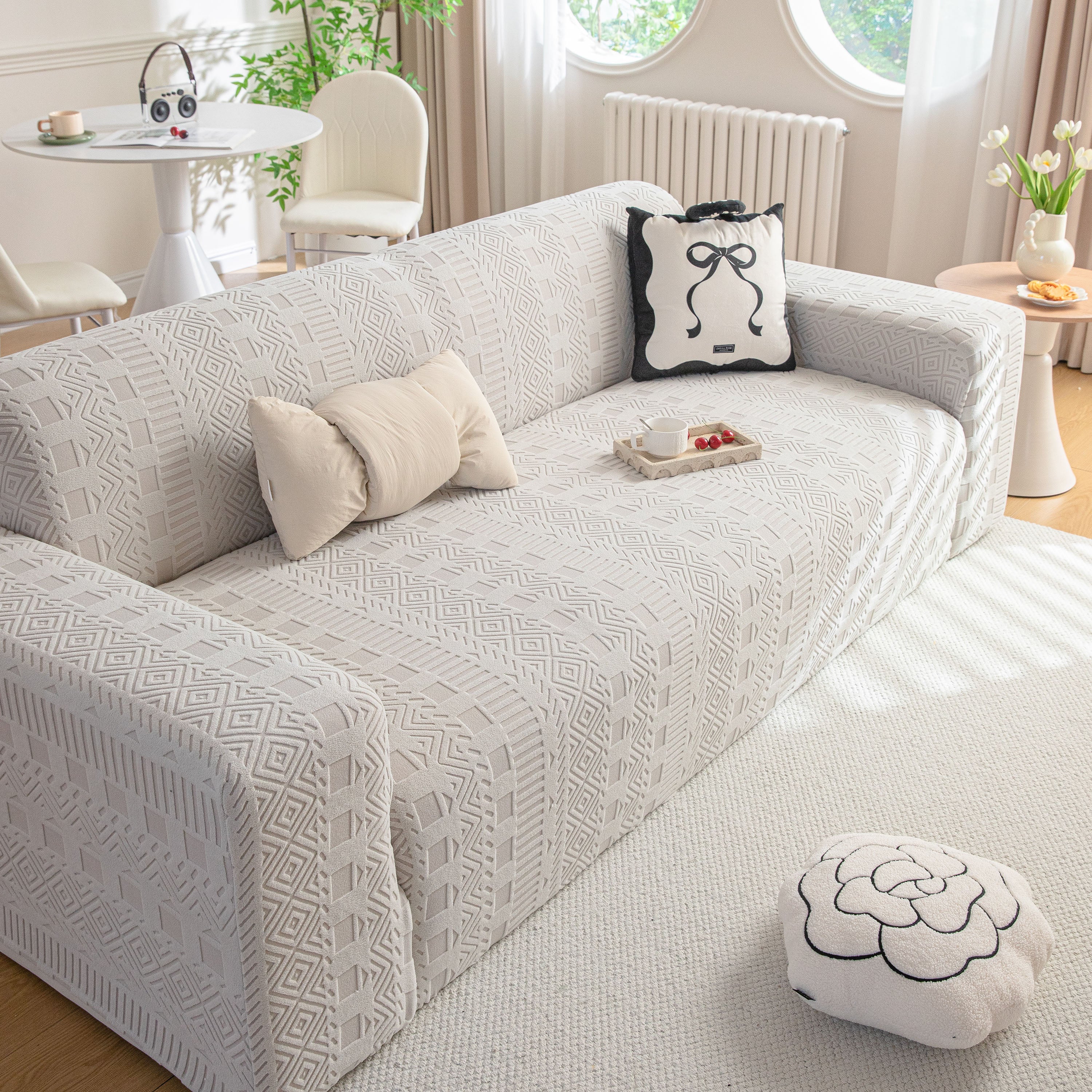 High Stretch Embossed Geometric Slipcover for Couch, Cozy Plush Fleece Couch Cover