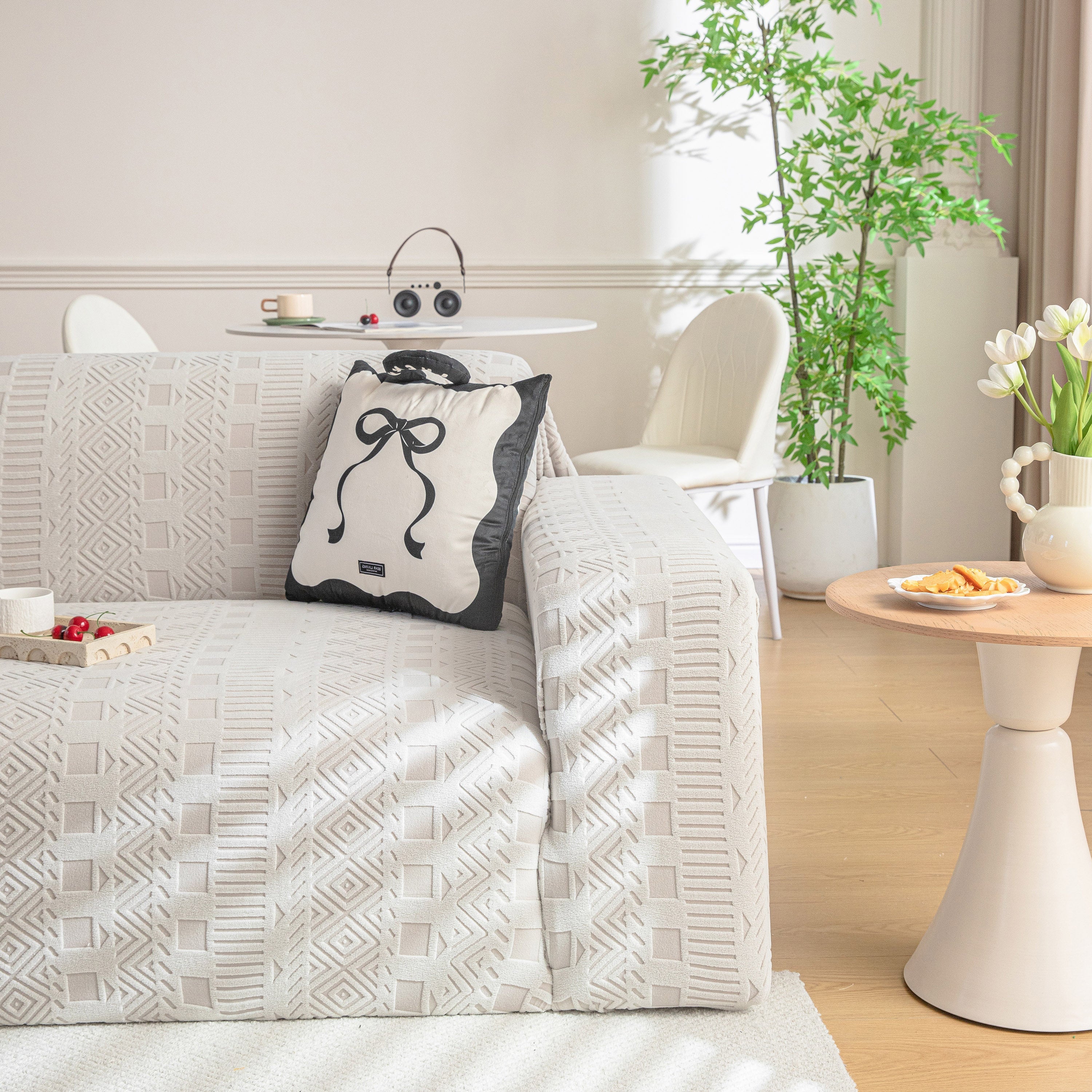 High Stretch Embossed Geometric Slipcover for Couch, Cozy Plush Fleece Couch Cover