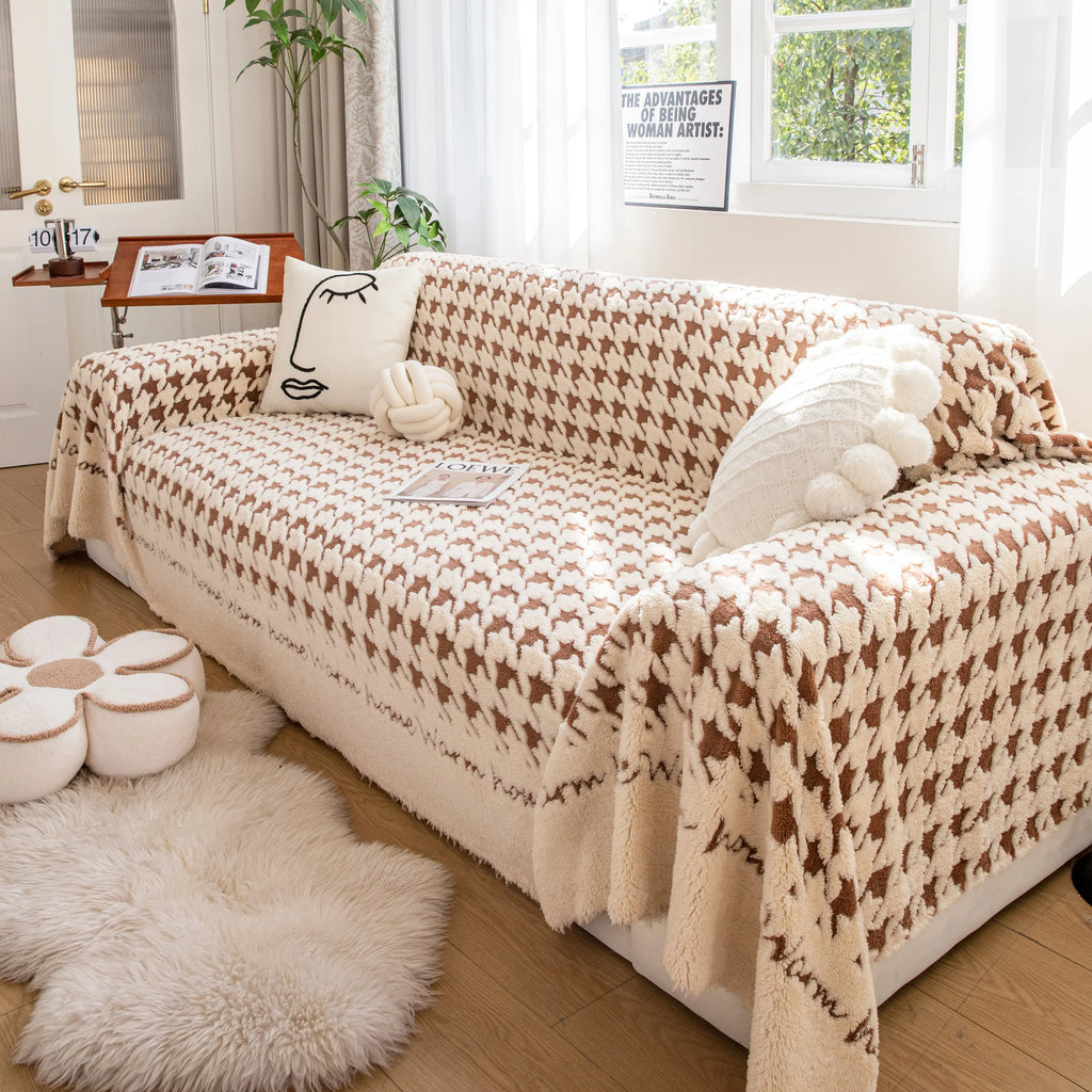 Jacquard Plush Houndstooth Sofa Throw Cover, Cover Throws for Sofas, Stylish Living Room Throws