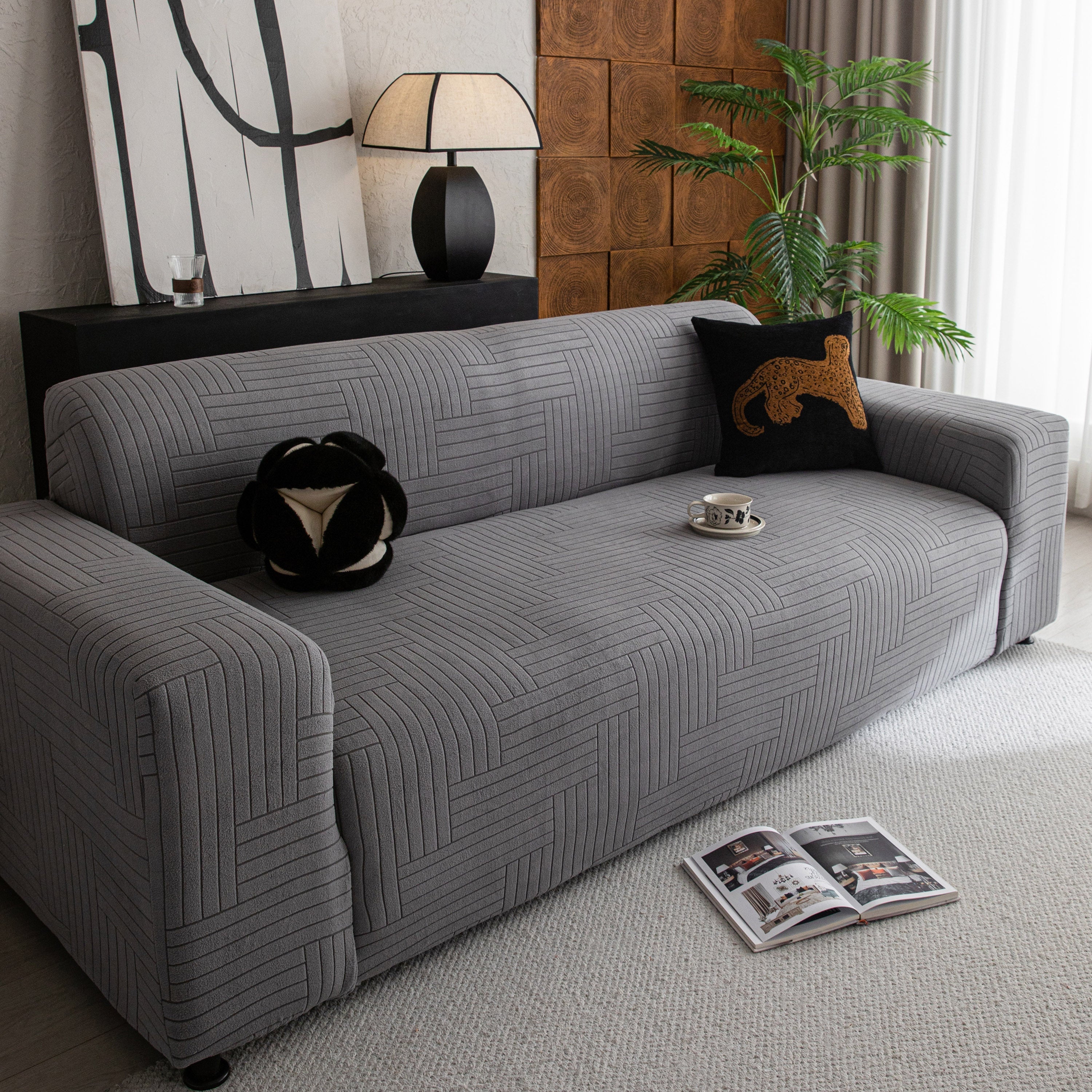 Modern Geometric Jacquard Spandex Slipcover, High Stretch Form Fitting Couch Cover