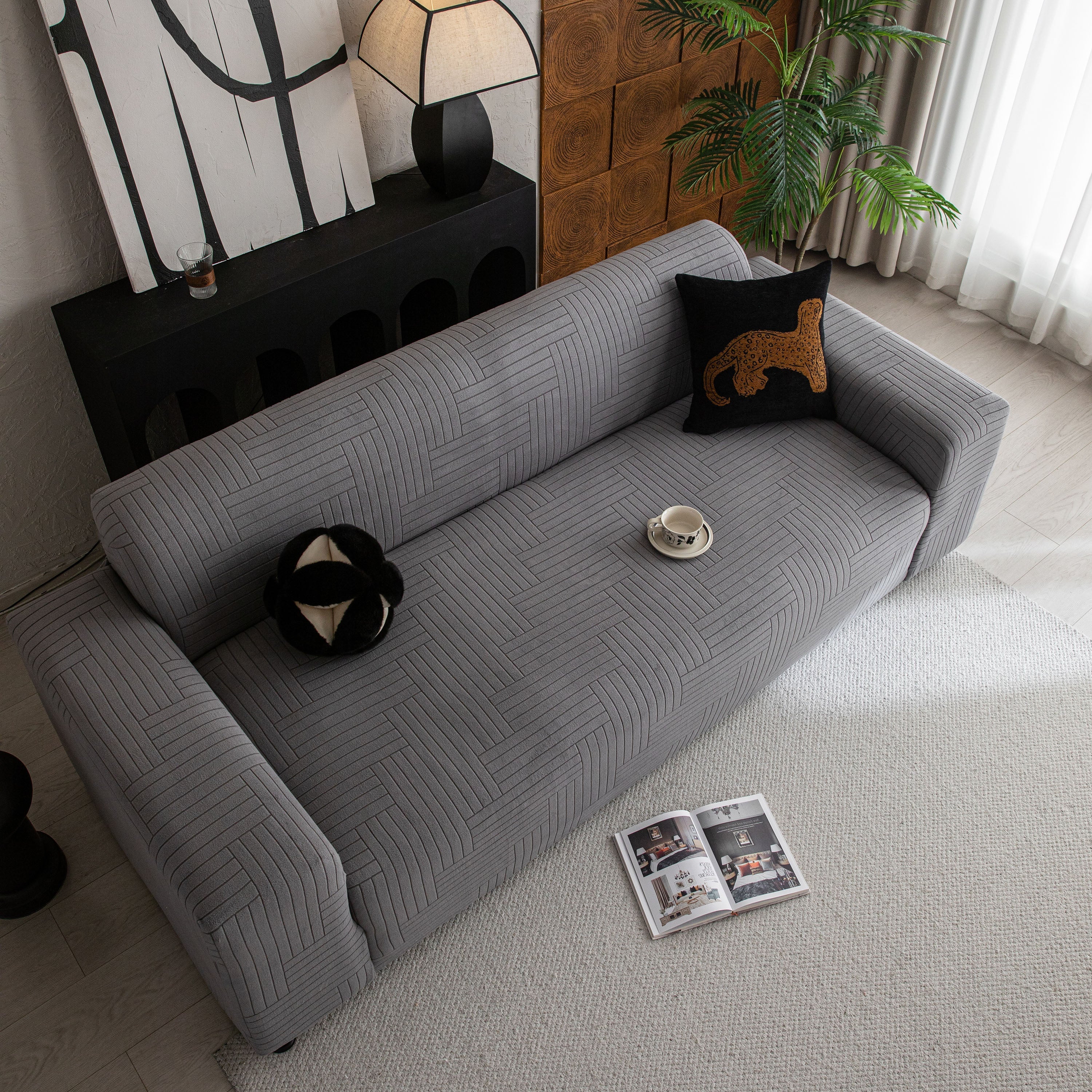 Modern Geometric Jacquard Spandex Slipcover, High Stretch Form Fitting Couch Cover