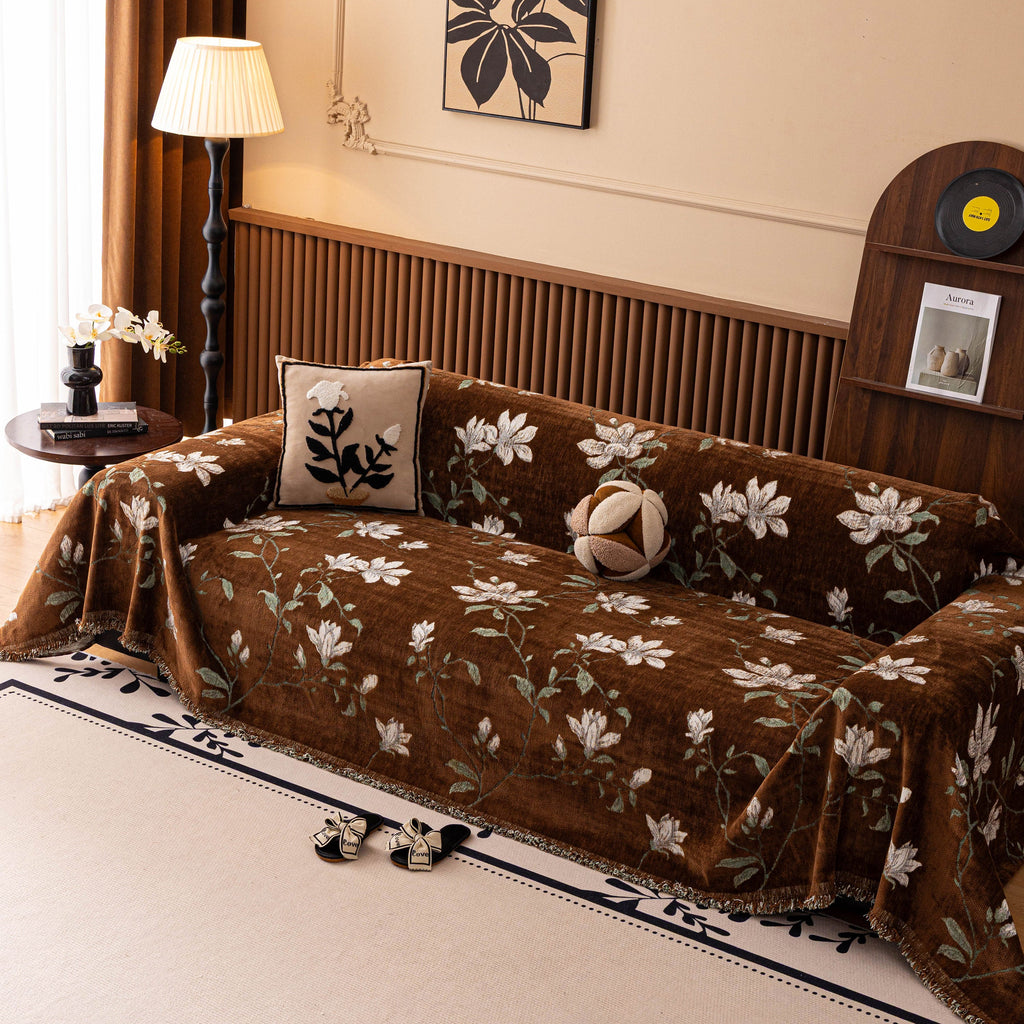Luxury Thickened Sofa Throw Cover, Decorative Cozy Floral Jacquard Couch Cover Blanket