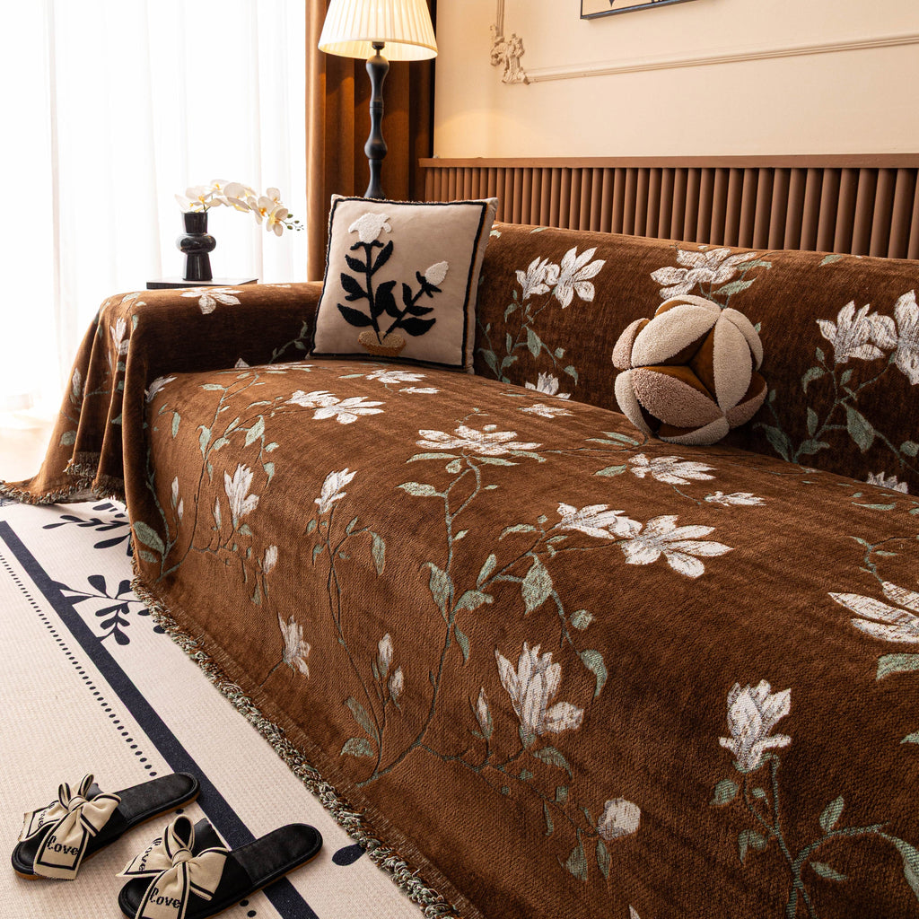 Luxury Thickened Sofa Throw Cover, Decorative Cozy Floral Jacquard Couch Cover Blanket