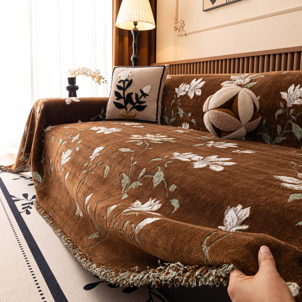 Luxury Thickened Sofa Throw Cover, Decorative Cozy Floral Jacquard Couch Cover Blanket