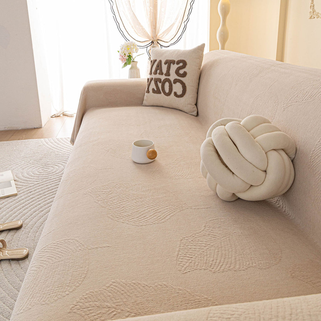 Embossed Leaf Pattern Couch Cover Throw Blanket, Japandi Furniture Cover Protector