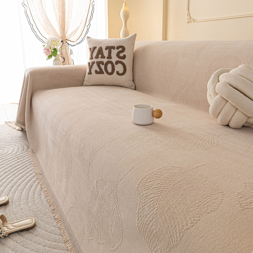 Embossed Leaf Pattern Couch Cover Throw Blanket, Japandi Furniture Cover Protector