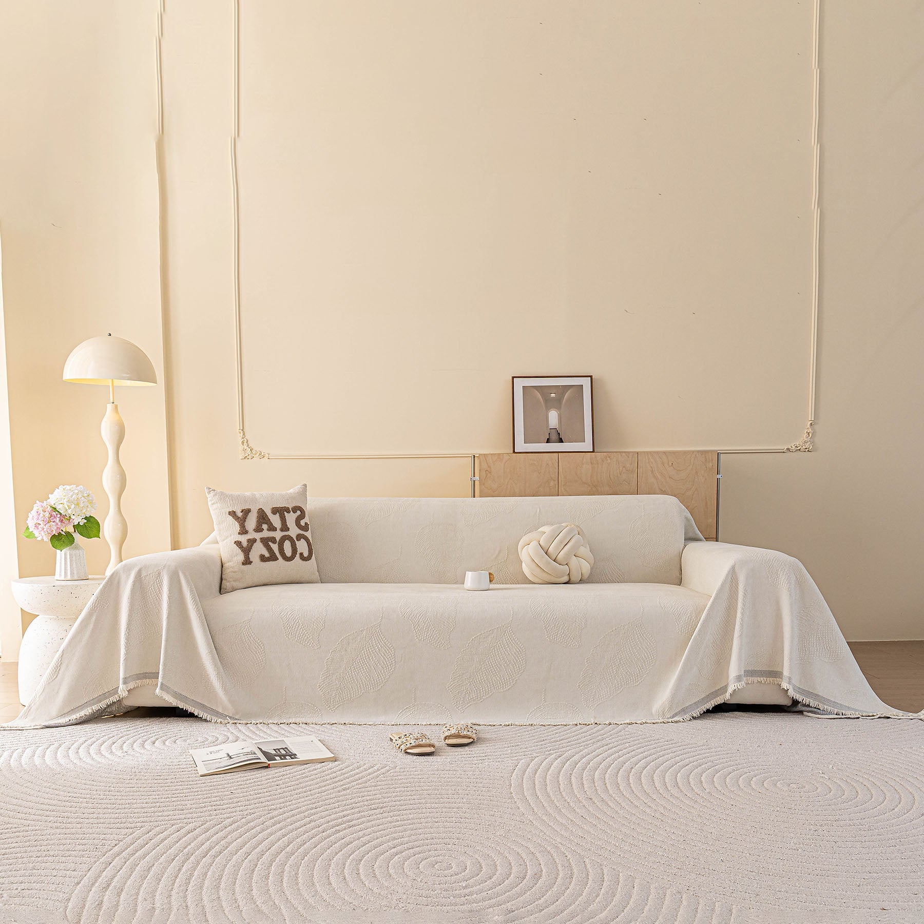 Embossed Leaf Pattern Couch Cover Throw Blanket, Japandi Furniture Cover Protector