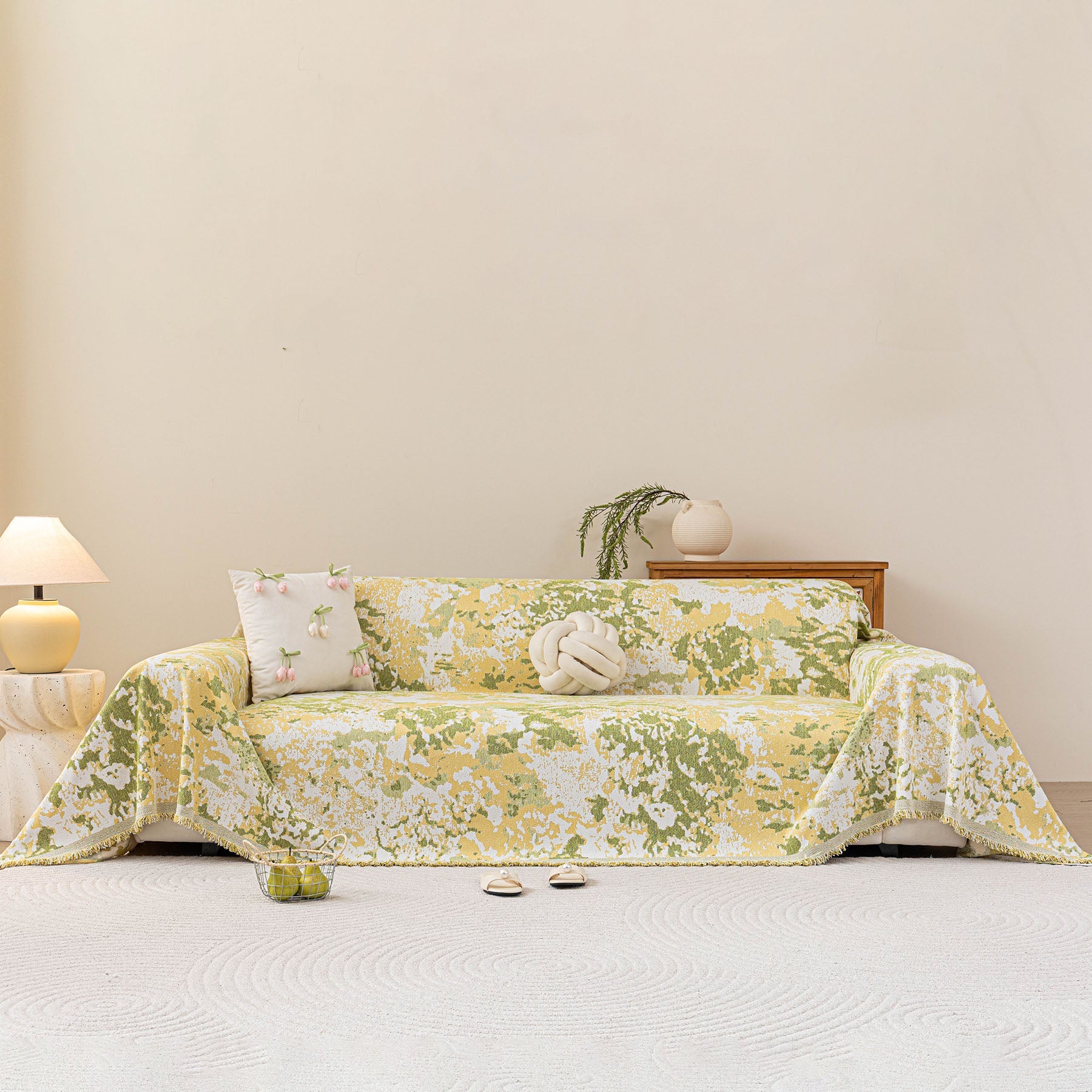 Chenille Throw Blanket Sofa Cover, Abstract Watercolor Couch Cover with Tassel Fringe