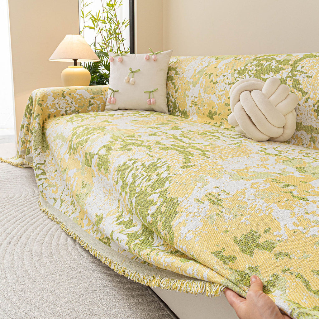 Chenille Throw Blanket Sofa Cover, Abstract Watercolor Couch Cover with Tassel Fringe