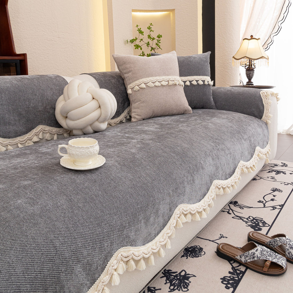 Chenille Sofa Cover Towel – Non-Slip, Washable Pets Couch Protector with Tassels