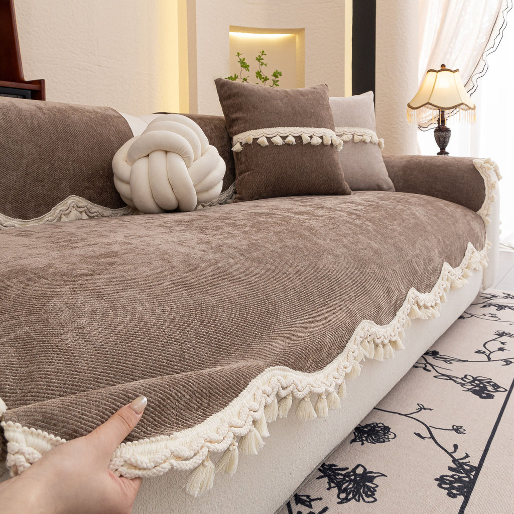 Chenille Sofa Cover Towel – Non-Slip, Washable Pets Couch Protector with Tassels