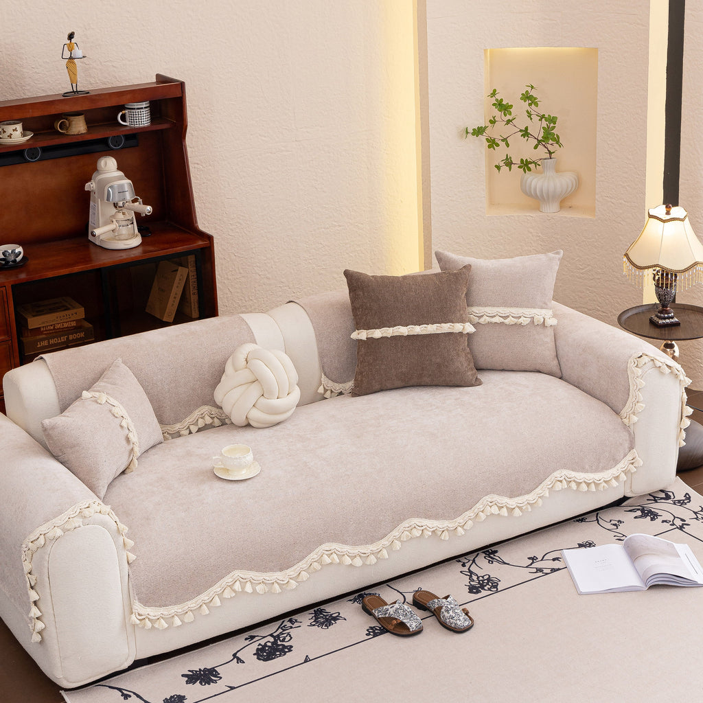 Chenille Sofa Cover Towel – Non-Slip, Washable Pets Couch Protector with Tassels