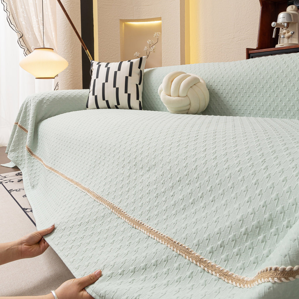 Jacquard Ice Silk Sofa Throw Cover with Gold Trim, Summer Cooling Couch Slipcover
