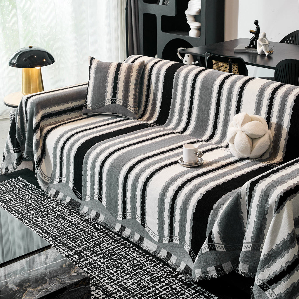 Striped Chenille Sofa Throw Covers, Boho Style Cozy Couch Protector Blanket