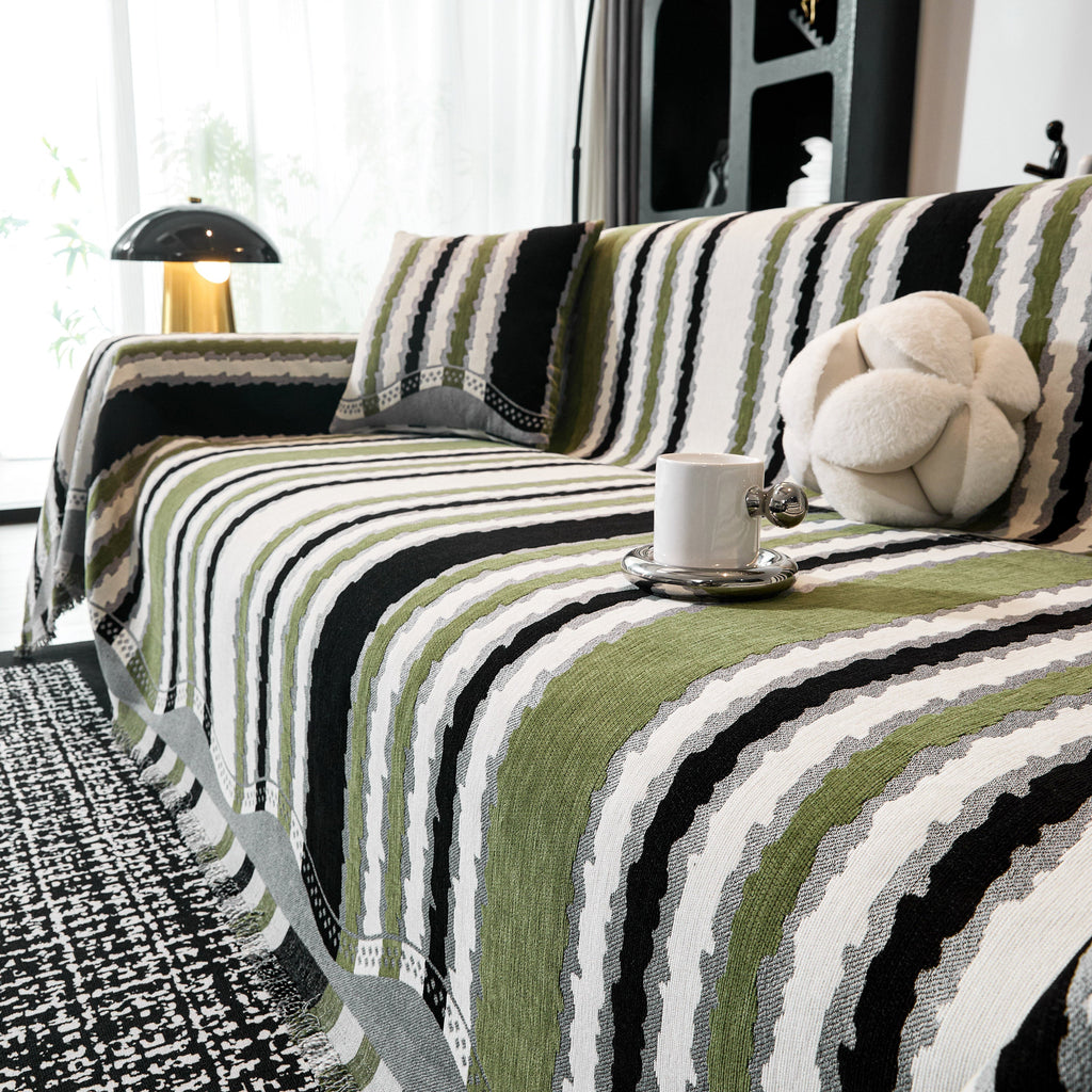Striped Chenille Sofa Throw Covers, Boho Style Cozy Couch Protector Blanket