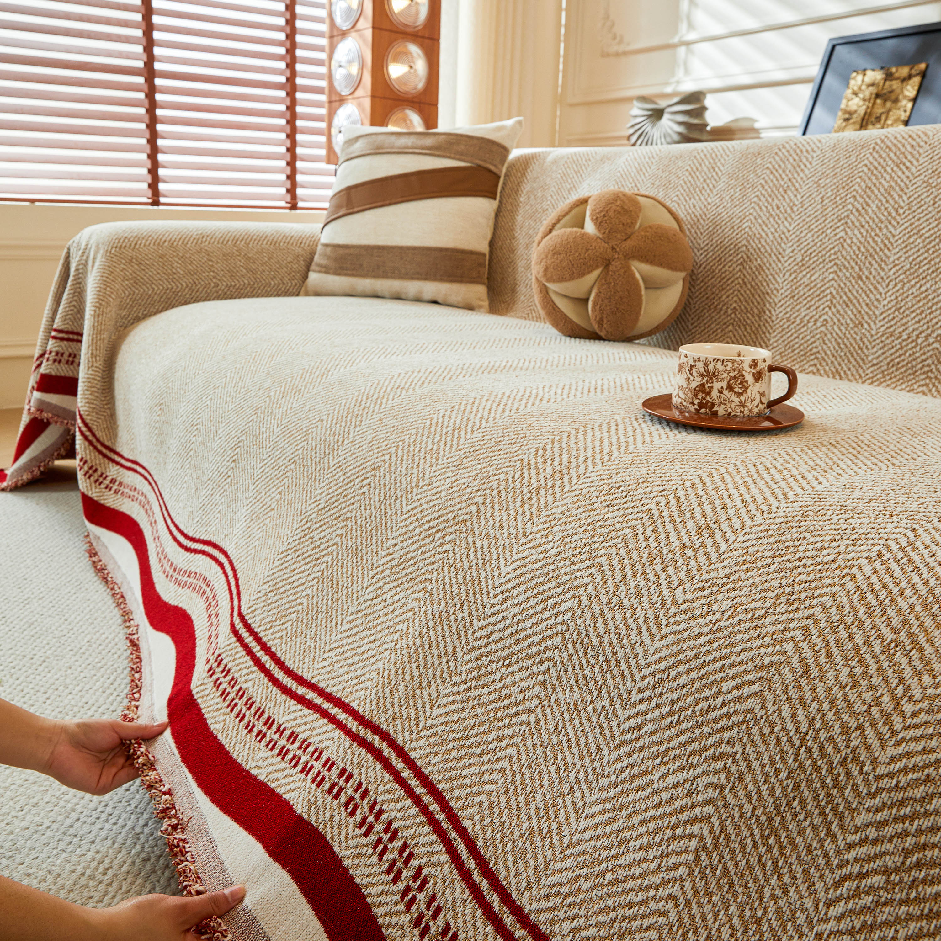 Reversible Herringbone Sofa Cover, 2-in-1 Classic British Throw Blanket for Couch