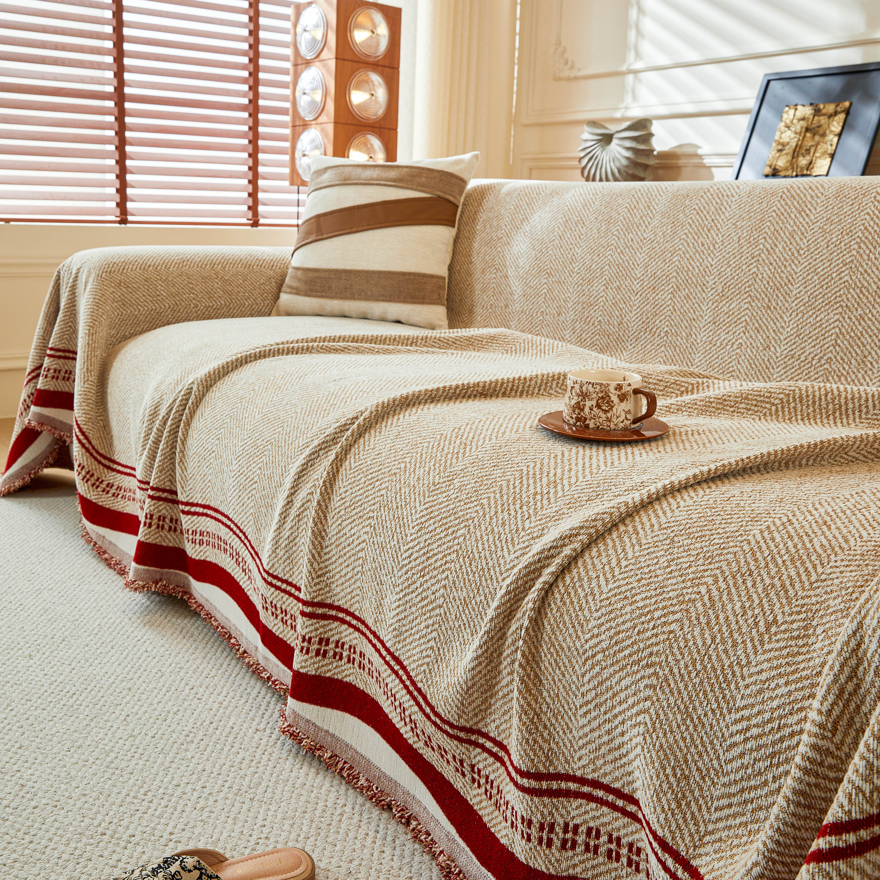 Reversible Herringbone Sofa Cover, 2-in-1 Classic British Throw Blanket for Couch
