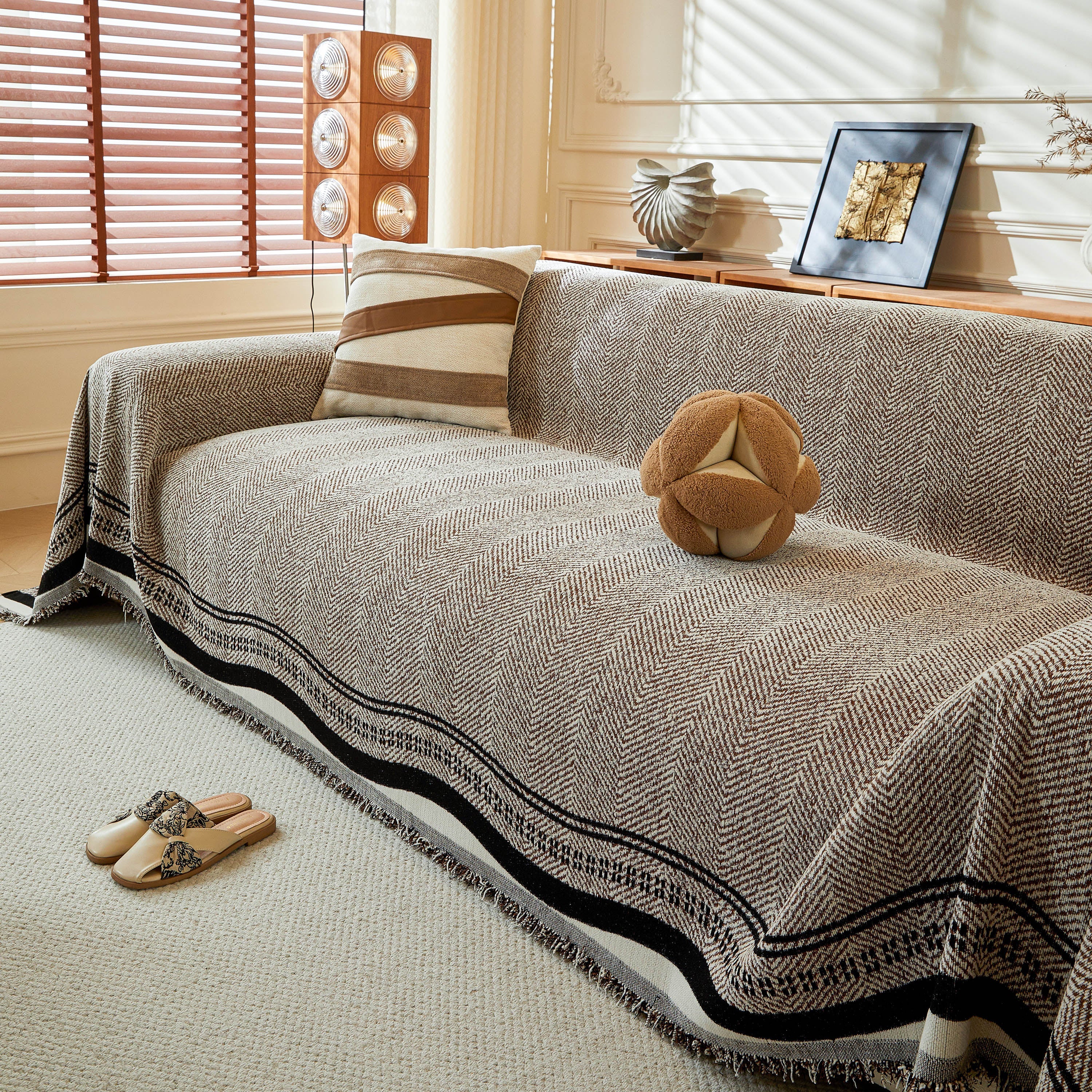 Reversible Herringbone Sofa Cover, 2-in-1 Classic British Throw Blanket for Couch