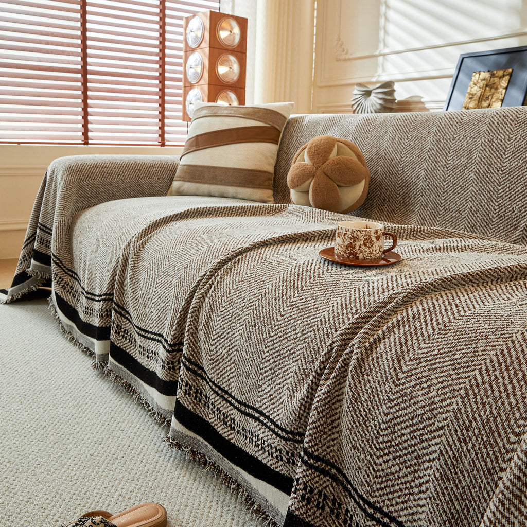 Reversible Herringbone Sofa Cover, 2-in-1 Classic British Throw Blanket for Couch