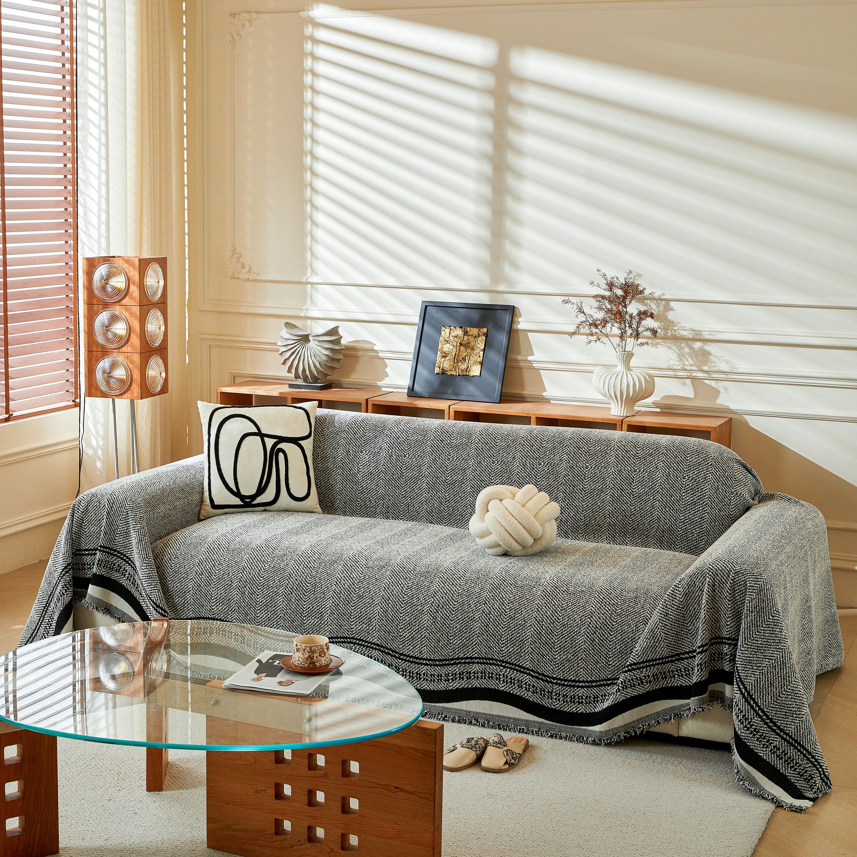 Reversible Herringbone Sofa Cover, 2-in-1 Classic British Throw Blanket for Couch