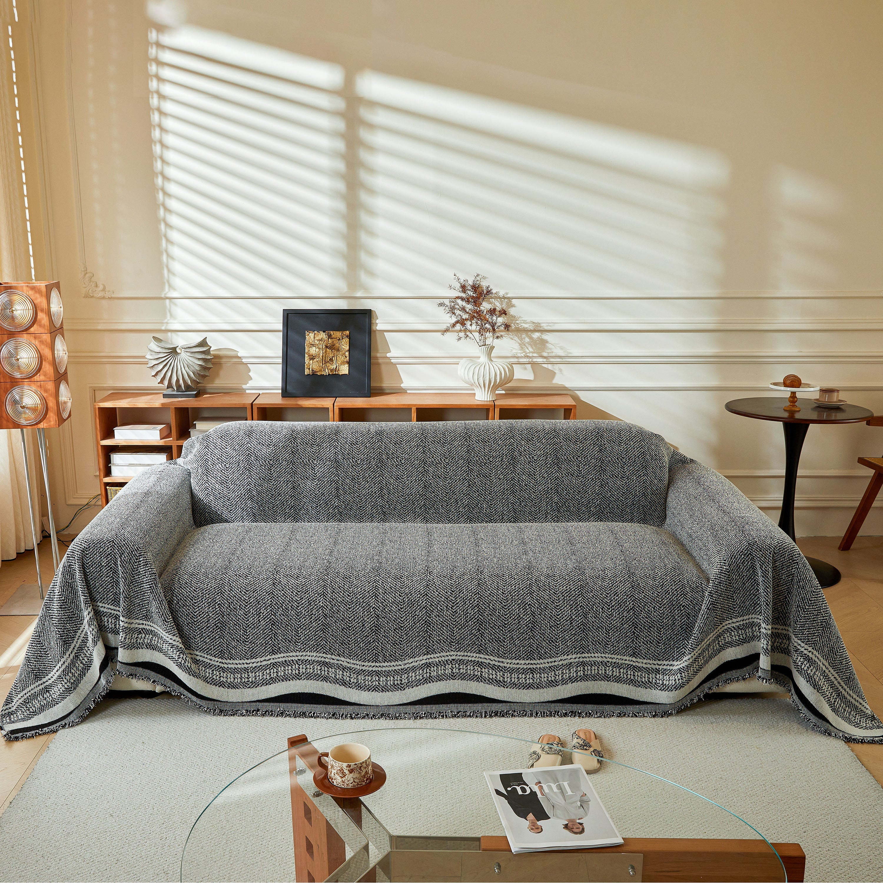 Reversible Herringbone Sofa Cover, 2-in-1 Classic British Throw Blanket for Couch