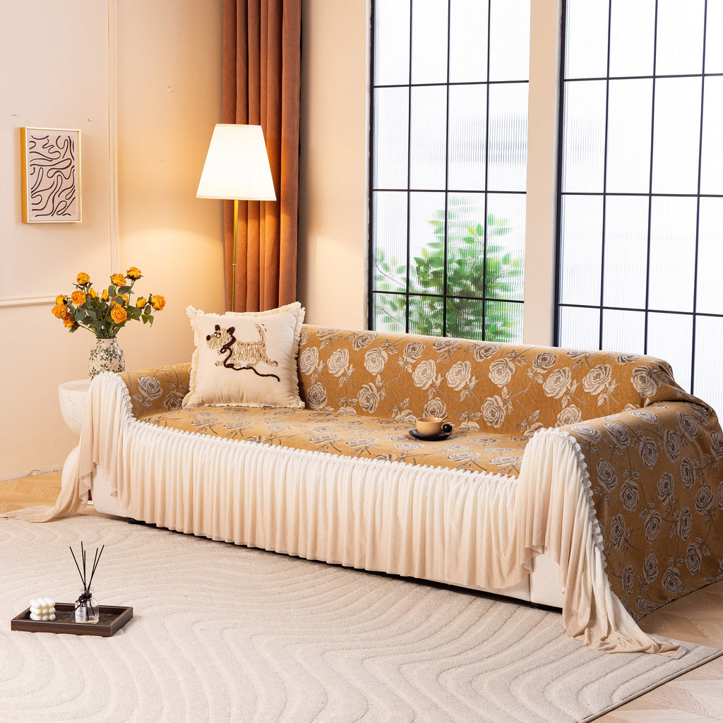 French Country Floral Sofa Cover with Ruffled Skirt, Farmhouse Decor for Living Room