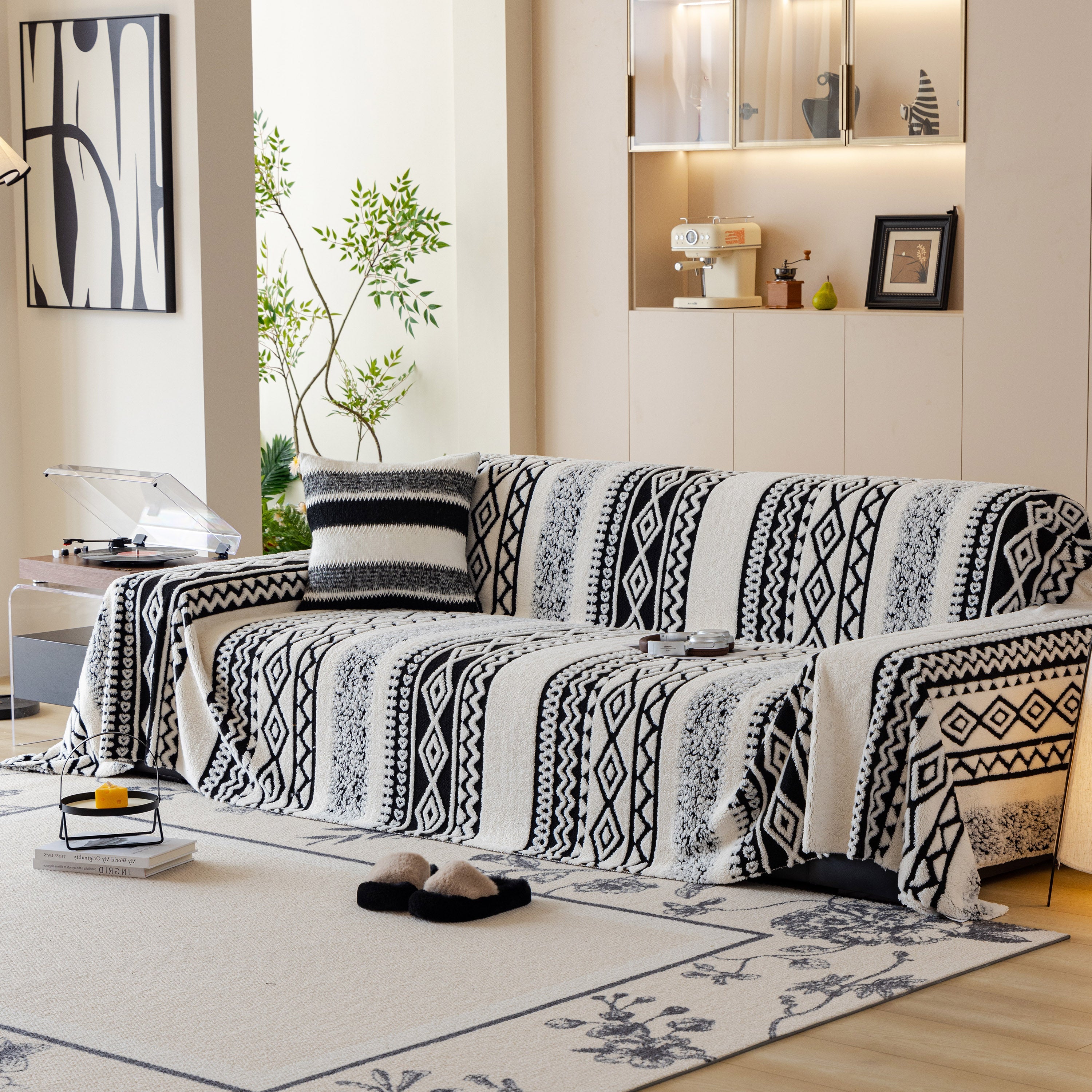 Bohemian Tufted Sofa Cover, Plush Fleece Throw Blanket with 3D Woven Aztec Stripes
