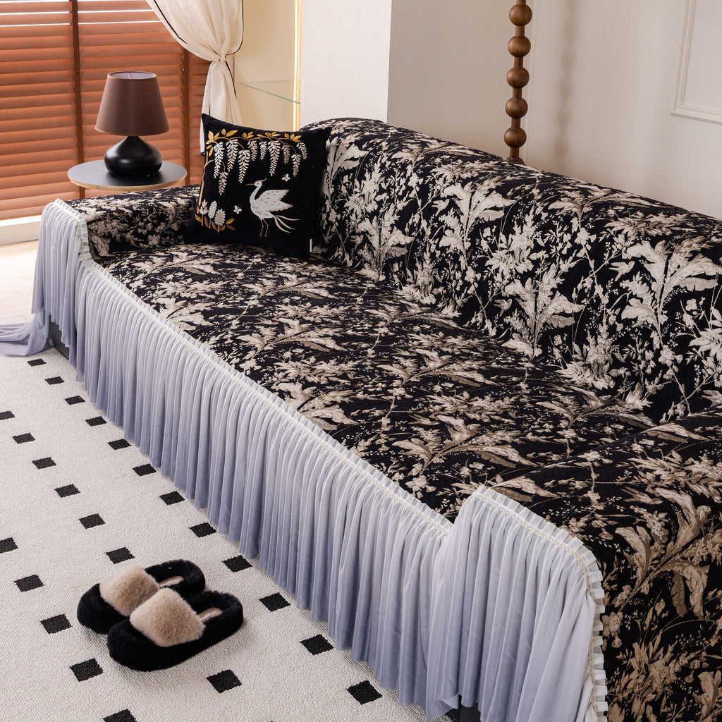 Elegant Botanical Sofa Cover with Pleated Tulle Skirt, Vintage Floral Couch Protector