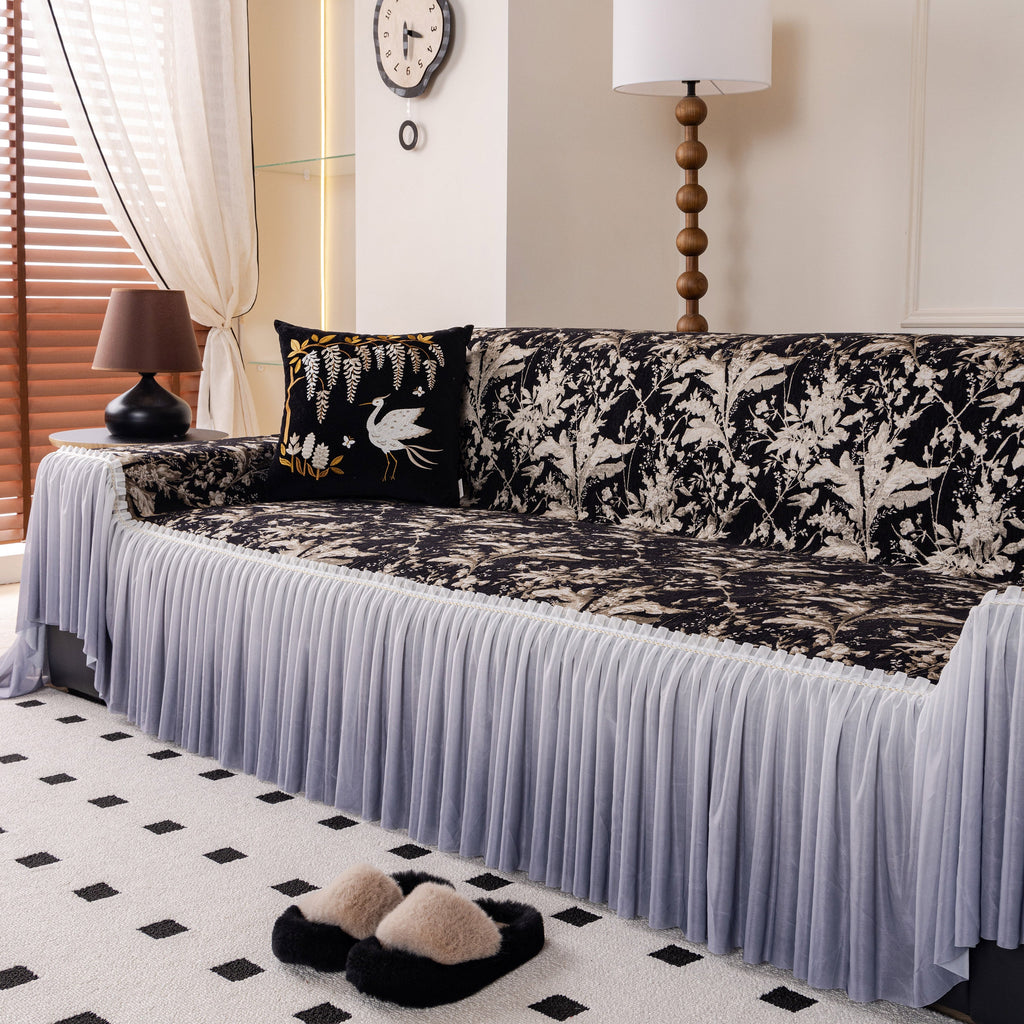 Elegant Botanical Sofa Cover with Pleated Tulle Skirt, Vintage Floral Couch Protector