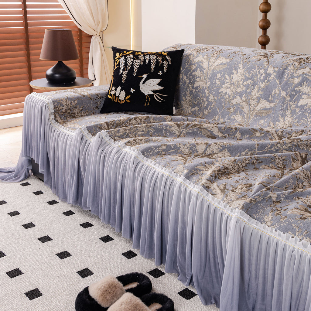 Elegant Botanical Sofa Cover with Pleated Tulle Skirt, Vintage Floral Couch Protector