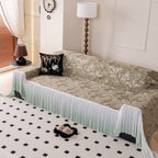 Elegant Botanical Sofa Cover with Pleated Tulle Skirt, Vintage Floral Couch Protector