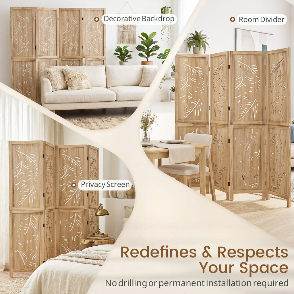 4-Panel Wooden Room Divider with Palm Leaf Design, 67" Tall